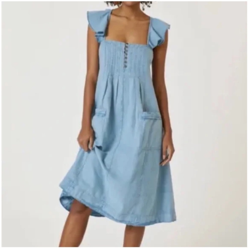 Anthropologie Pilcro Flutter Sleeve Mdi Dress Blue Size Small - Picture 13 of 16